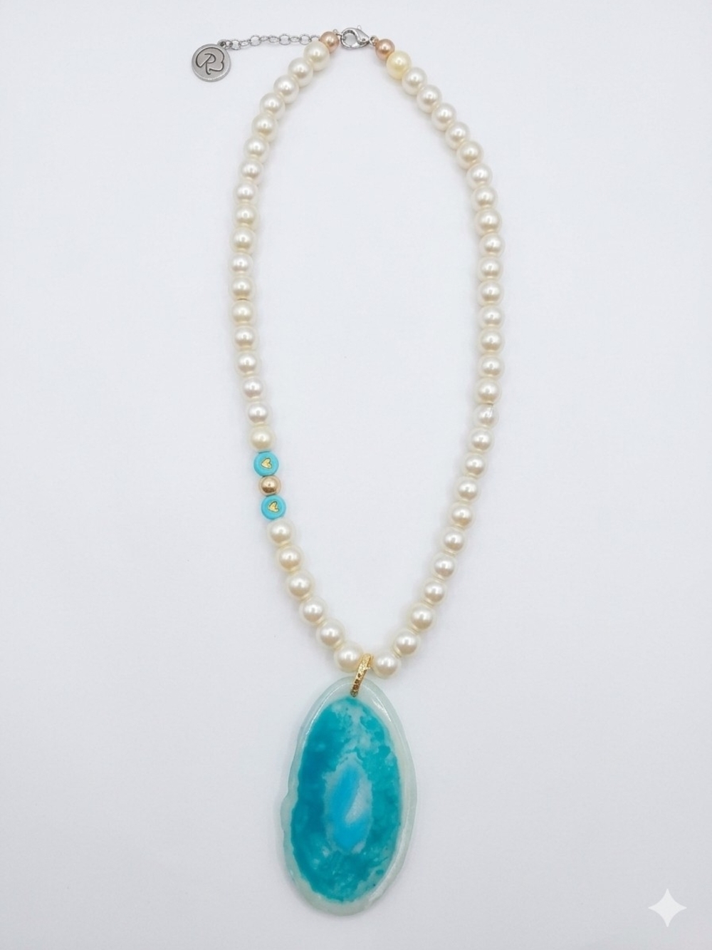 Pearl Necklace with Turquoise Agate Pendant - Unbranded